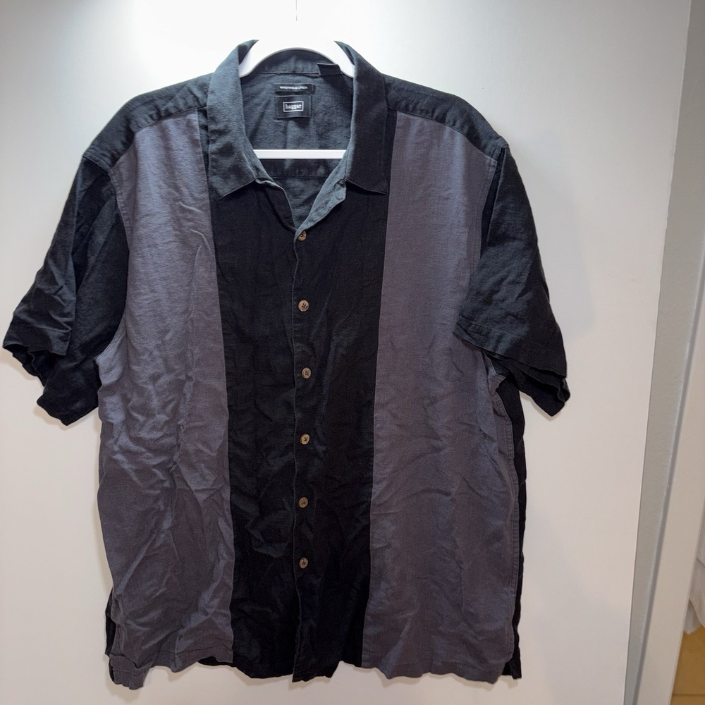 Men's Haggar Havanna Style Linen Black & Gray Shirt Size 2XL Casual Camp Bowling